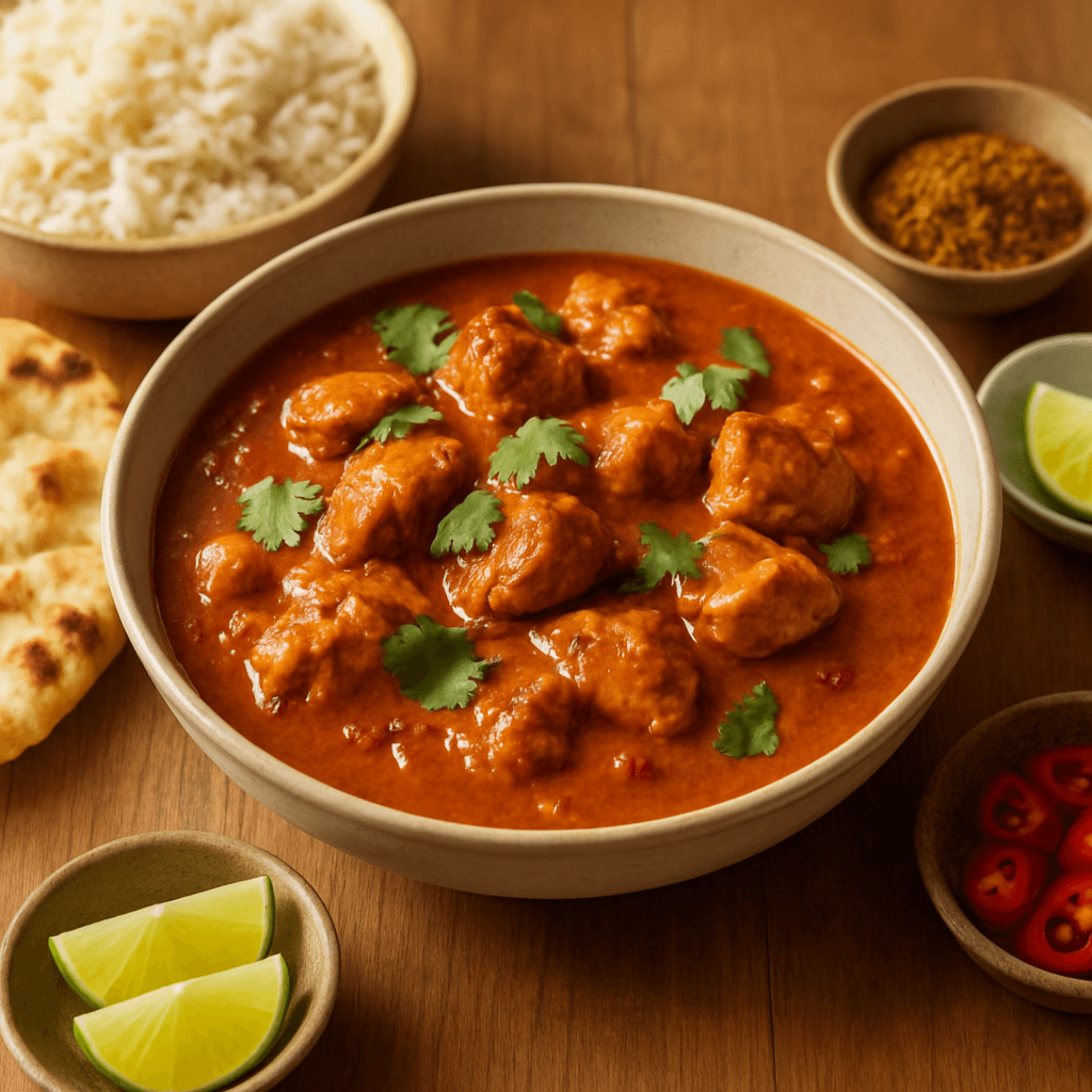 Madras curry in a bowl β deep red British Indian restaurant-style curry with visible spices