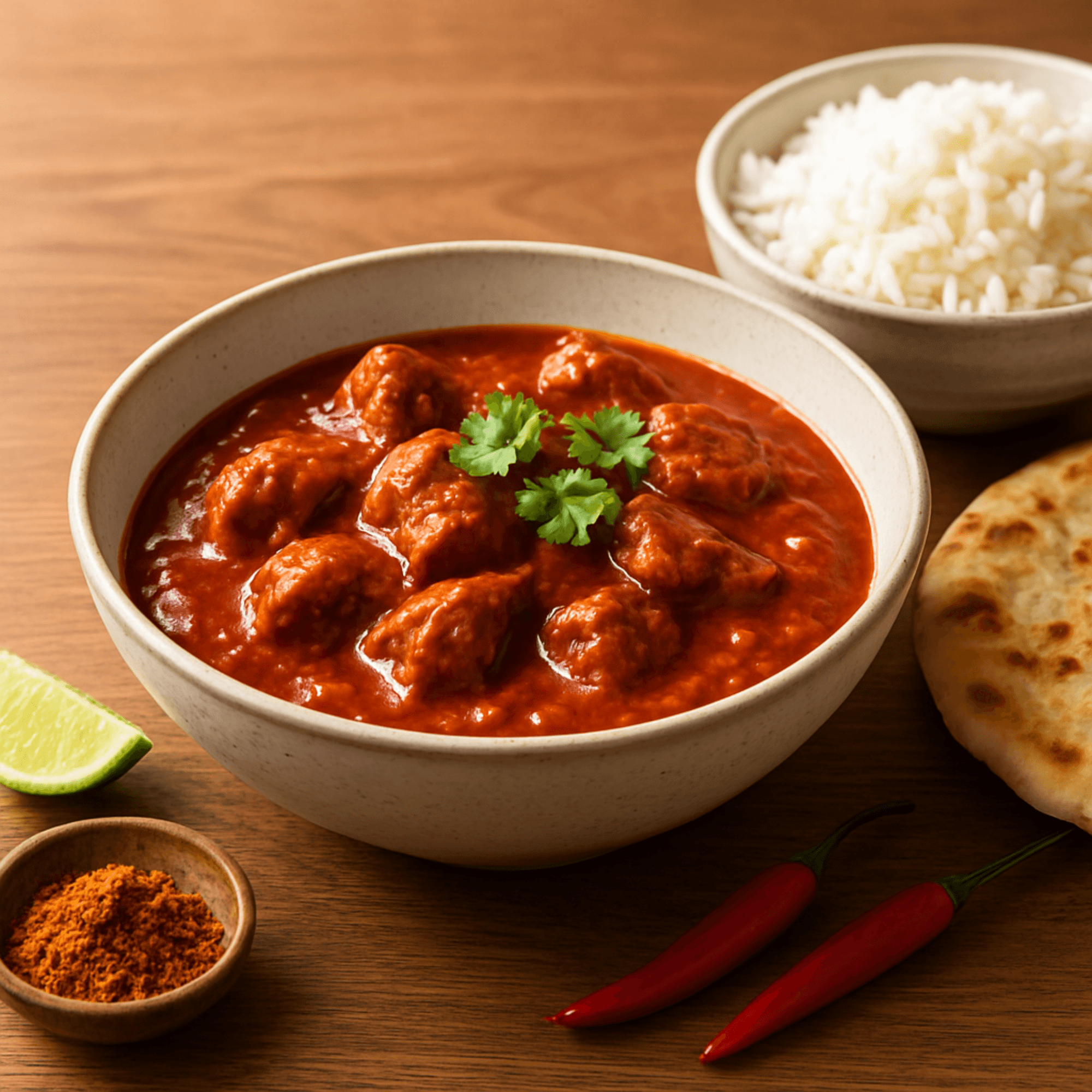 Rogan josh curry in a bowl β rich tomato-coloured British Indian restaurant-style curry with coriander